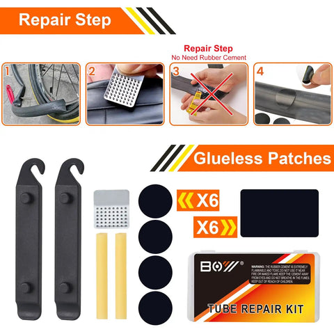 Instructional card for using glueless patches from On The Go Bike Repair Kit With Mini Pump And Glueless Patches For Road Mountain And Travel 16 In 1 Multitool Portable Set For Quick Fixes On Trails Or Commuting Fits In A Saddlebag Or Backpack.