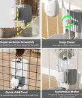 No Fuss Slick Hanging Automatic Small Pet Food Water Dispenser For Cages With Anti Spill Base shown with easy food access and secure attachment.