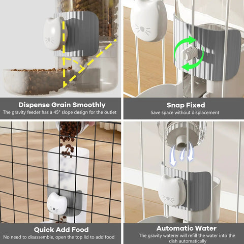 No Fuss Slick Hanging Automatic Small Pet Food Water Dispenser For Cages With Anti Spill Base shown with easy food access and secure attachment.