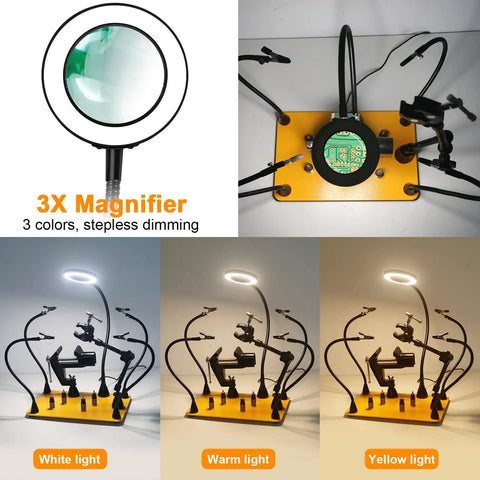 Magnetic Helping Hands Soldering Clamp With 3x Magnifying Lamp, demonstrating 3 light settings and 360-degree rotating arms