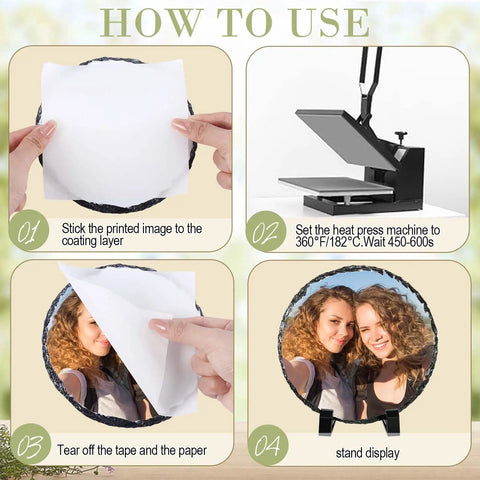 Instructions for using 10 Pack Bulk Sublimation Slate Blanks With Display Holders for heat transfer projects