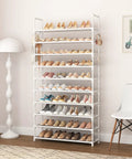 Heavy Duty Ten Tier Shoe Rack Wide Metal Organizer Tall Entryway Storage Shelf With Coat Hooks Versatile Closet Boot Friendly Frame For Keeping Floor Clutter Slick And Gone White displaying multiple pairs of shoes on a white metal frame.