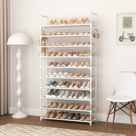 Heavy Duty Ten Tier Shoe Rack Wide Metal Organizer Tall Entryway Storage Shelf With Coat Hooks Versatile Closet Boot Friendly Frame For Keeping Floor Clutter Slick And Gone White displaying multiple pairs of shoes on a white metal frame.