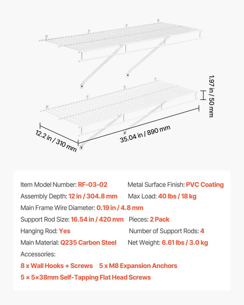 Heavy Duty Carbon Steel Wall Mounted Wire Shelf Kit Set Of 2 Built Tough, white PVC coated floating racks with dimensions.
