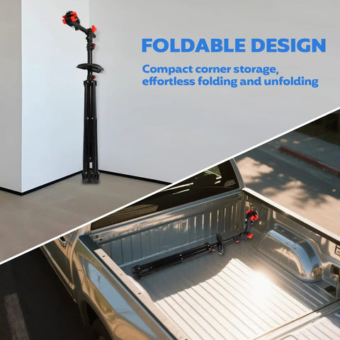 Floor Bike Repair Stand With Height Adjustable Arm And Tool Tray For Road And Mountain Bikes, folded in storage and truck bed
