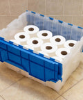 KeepBox 12 Gallon Stackable Storage Tote With Attached Lid For Easy Nesting Clear Plastic Box For Garage Closet And Moving Durable Storage Container With Non Slip Bottom filled with toilet paper rolls