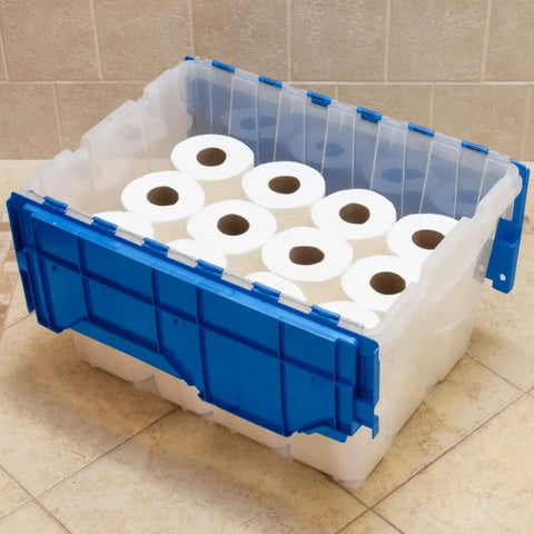 KeepBox 12 Gallon Stackable Storage Tote With Attached Lid For Easy Nesting Clear Plastic Box For Garage Closet And Moving Durable Storage Container With Non Slip Bottom filled with toilet paper rolls