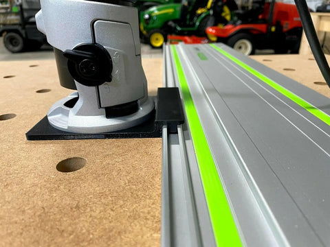 Plug And Play Guide Rail Adapter For Bosch Colt 1.25 HP Router mounted on aluminum track for precise straight cuts.