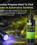 Easy Find Automotive Uv Leak Detector Dye Kit With Bright Glow Tracer Quick Catch For Sneaky Radiator Coolant Ac Water Pump And Heater Core Leaks Zero Fuss bottle and UV flashlight on engine showing leak detection in action.