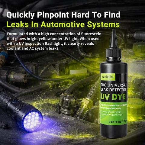 Easy Find Automotive Uv Leak Detector Dye Kit With Bright Glow Tracer Quick Catch For Sneaky Radiator Coolant Ac Water Pump And Heater Core Leaks Zero Fuss bottle and UV flashlight on engine showing leak detection in action.