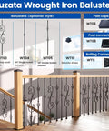 Muzata wrought iron balusters with optional styles, including scroll, basket, and shoes, installed on a wooden indoor railing.