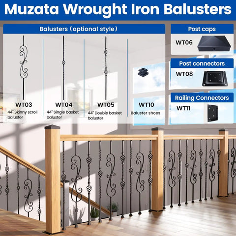 Muzata wrought iron balusters set with various styles and post connectors displayed on a deck railing system.