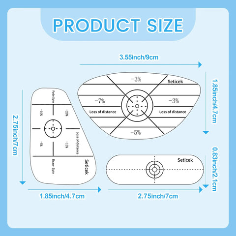 Detailed size chart for Left Hand Golf Impact Tape Set With 150 Pieces including dimensions for irons, woods, and putters.