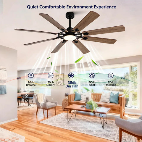Large Ceiling Fan with Light in a modern living room, featuring 8 blades and dimmable lighting for spacious airflow.