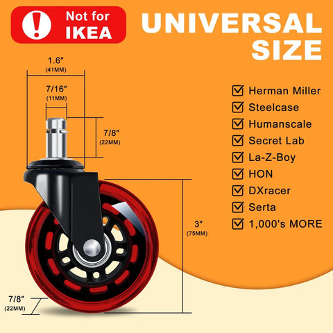 3-Inch Office Chair Caster Wheels Replacement Set Of 5 Red Scratch-Free Non-Marking Rubber Rollers Universal Size Diagram