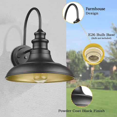 Outdoor Dusk To Dawn Sensor Wall Light Fixture Dome 12.3 Inch Black Finish Industrial Sconce for porch and farmhouse lighting