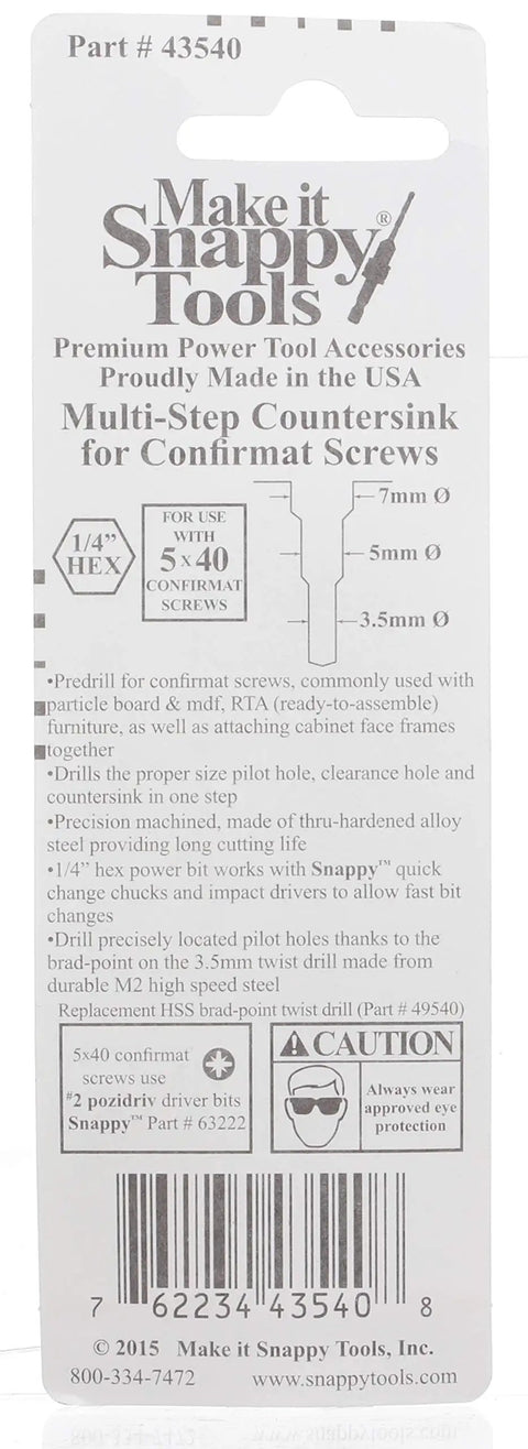 Back packaging of 5 X 40mm Confirmat Screw Kit With Two Step Countersink Pilot Point Bit One Quarter Inch Hex Shank