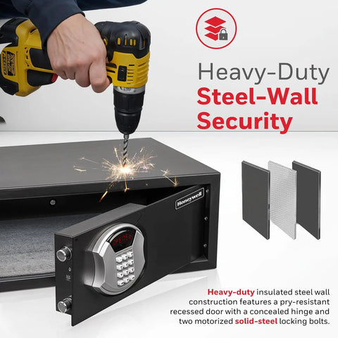 Go-To Hotel Style Safe With Digital Lock 1.14 Cu Ft Low Profile Steel Safe shown with heavy-duty steel wall construction.