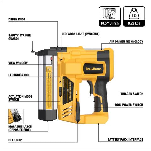 Pro Gear Cordless Brad Nailer 18 Gauge Two Inch Electric Nail Gun And Stapler Kit features depth knob and view window.