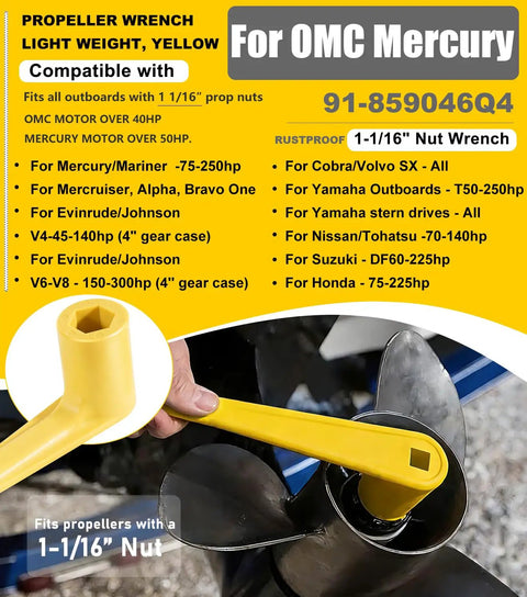 Polymer Propeller Nut Wrench Fits One And One Sixteenth Inch Nut For Mercury OMC Mercruiser Alpha Johnson Evinrude 40HP And Up Lightweight Yellow Rustproof Plastic 27mm Replaces 91-859046Q4 Beefy Handy Outboard Prop Tool