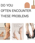 Image showing issues with high heels, including uneven force, heel slips, and balance problems, with Ten Pairs High Heel Tips Replacement Kit With U Shape Heel Caps Covers And Metal Pins In Black Or Brown Includes Five Pairs Of Thin 2.4mm Pins And Five Pairs Of Thick 3mm Pins For Easy Stiletto Heel Replacement.