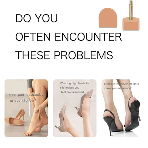 Image showing issues with high heels, including uneven force, heel slips, and balance problems, with Ten Pairs High Heel Tips Replacement Kit With U Shape Heel Caps Covers And Metal Pins In Black Or Brown Includes Five Pairs Of Thin 2.4mm Pins And Five Pairs Of Thick 3mm Pins For Easy Stiletto Heel Replacement.