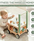 Rock Solid Wooden Baby Walker With Interactive Activity Cube Built Tough For Toddler First Steps, featuring toddler engaging games.