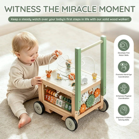 Rock Solid Wooden Baby Walker With Interactive Activity Cube Built Tough For Toddler First Steps, featuring toddler engaging games.