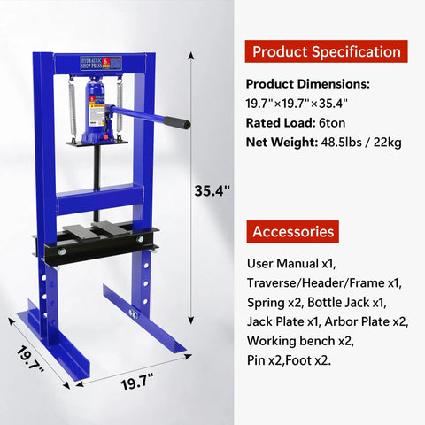 Beefy Shop Press For Auto Repairs And DIY Projects With Easy Setup Blue Powder Coated Steel Frame, Durable Bearings And Bushings Press