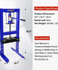 Heavy Duty 6 Ton Hydraulic Shop Press For Garage Work, dimensions 19.7" x 19.7" x 35.4", blue carbon steel frame, adjustable setup.