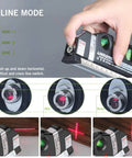 Pro Grade Laser Level With Multipurpose Tape Measure And 8 Ft Line, Standard And Metric Rulers, Battery Update Ready, Pinpoint Accuracy, 3 Pronged Leveling Bubble, DIY Friendly Measuring Tool For Quick Projects showing 3 line laser modes