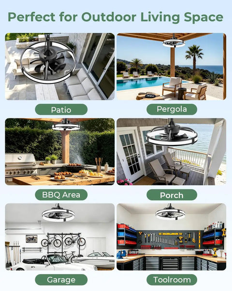 20 Inch Outdoor Ceiling Fan With Integrated Led Lamp And Smart Remote Control Packs Hella Rugged IP65 Shield For Porch Or Gazebo in various outdoor settings.