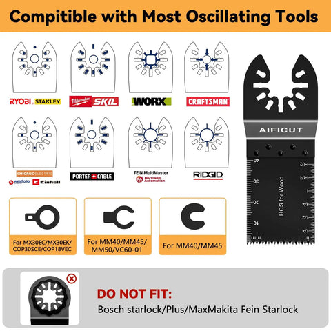 55 Piece Oscillating Tool Blade Kit With Quick Release Universal Blades for wood plastic metal compatibility chart displayed