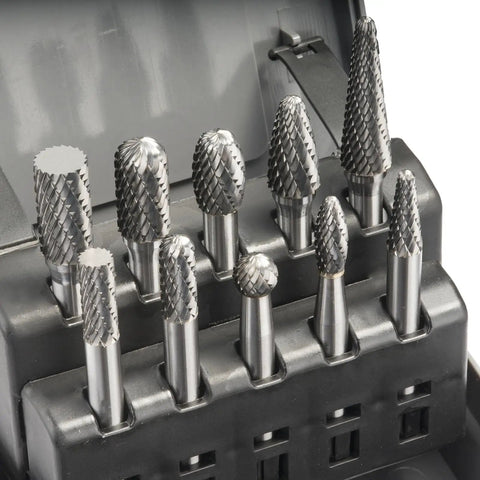 Pro Grade Double Cut Solid Carbide Die Grinder Bits Set With 1/4 Inch Shank For Metal Carving, Polishing, Engraving, And Drilling, 10 Piece Rotary Burrs Kit Includes Cylinder, Ball, Cone And Other Shapes For Versatile Metalworking in a black case
