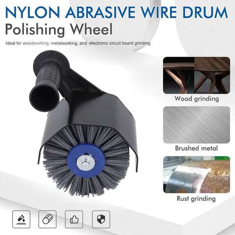 Grinder To Polisher Conversion Kit With Pro Grade M14 Handle showing nylon abrasive wire drum and applications.