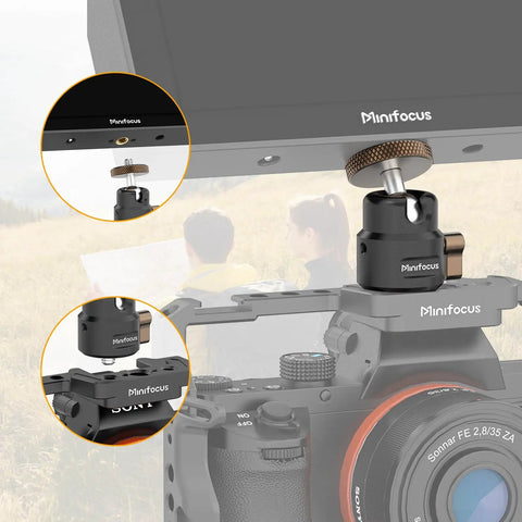 All Metal CNC Built One Quarter Inch Swivel Mini Ball Head Tripod Mount With 360 Degree Rotation And 125 Degree Tilt For Camera Cages, Compatibility With Super Clamps, Suction Cup Mounts, Magnetic Bases, And A Max Load Of 11 Lb. mounted on a camera cage