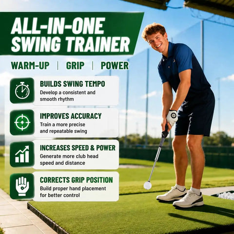 Man using Pop Feedback Retractable Golf Swing Trainer With Click Timing Feedback And Tempo Stick For Right Handed Golfers