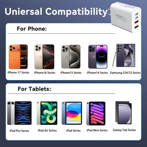 40W USB C Charger Fast Power Block With Four Ports PD Power Delivery And QC 3.0 USB C And USB A Multi Port Wall Charger For iPhone iPad Galaxy Twin Pack compatibility chart with phones and tablets