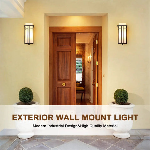 Outdoor Wall Mounted Porch Light Waterproof Exterior Lantern With Frosted Glass And Black Square Metal Frame Weather Resistant For Entryways Yards Garage Front Porch shown on yellow wall beside wooden door.