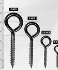 Four black screw eye hooks of varying sizes with a ruler for scale, featuring the Built Tough 5 Inch Eye Hooks Set Of 4 Screws In Carbon Steel Black.
