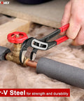 Person using the Water Pump Pliers Set 7 Inch 10 Inch 12 Inch With Curved Jaw, Quick Adjustment, Forged Cr V Steel on a pipe valve