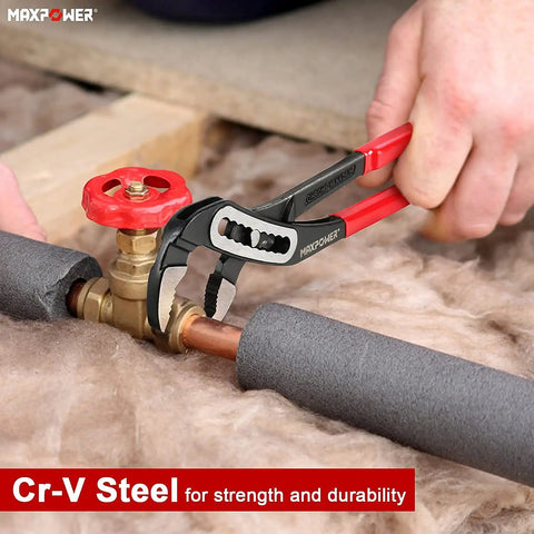 Person using the Water Pump Pliers Set 7 Inch 10 Inch 12 Inch With Curved Jaw, Quick Adjustment, Forged Cr V Steel on a pipe valve