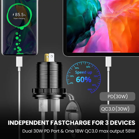 Beefy 12V USB Car Socket With 3 Ports Waterproof Round Aluminum Lighter Outlet showing dual charging devices