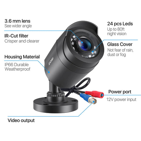 Four Pack 2MP 1080p HD TVI Outdoor Indoor Security Cameras With 24 LEDs, 80ft Night Vision, 90 Degree View, Weatherproof IP66 Bullet CCTV Cameras In Black