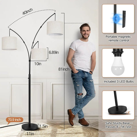 Arc LED Floor Lamp With Remote Control, Dimmable Three Light Arched Tall Lamp, interior view, black finish, beige lampshade