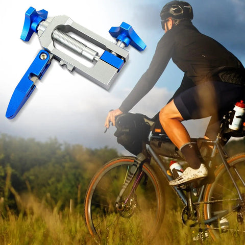 Image of a cyclist riding with an All In One Bike Hydraulic Brake Tool Kit For Easy Disc Brake Maintenance 2 In 1 Copper And Aluminum Alloy Line Cutter Olive Barb Fitting Tool in the foreground.