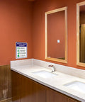 Keep Hands Clean With This Please Wash Your Hands Sign Stickers 4 Pack 10 By 7 Inch 4 Mil Vinyl Self Adhesive Weatherproof UV Protected Indoor Outdoor Employee Hand Washing Sign displayed on wall above sinks in restroom