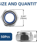 Top Shelf M6 X 1.0mm Nylon Insert Hex Lock Nuts 50 Piece Bulk, showing size dimensions and plastic collar detail.