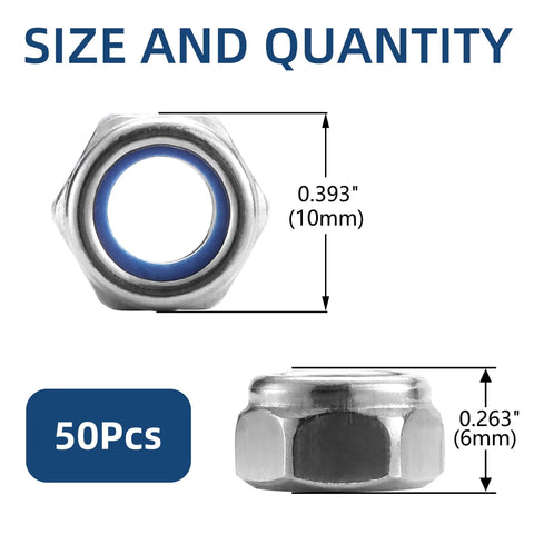 Top Shelf M6 X 1.0mm Nylon Insert Hex Lock Nuts 50 Piece Bulk, showing size dimensions and plastic collar detail.