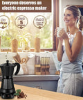 Electric Moka Pot 6 Cup Coffee Maker For Quick Espresso At Home No Stove Needed Italian Style Espresso Machine Portable Aluminum Moka Pot For Ground Coffee Easy Brew No Fuss Coffee Pot on kitchen counter with woman holding coffee mug